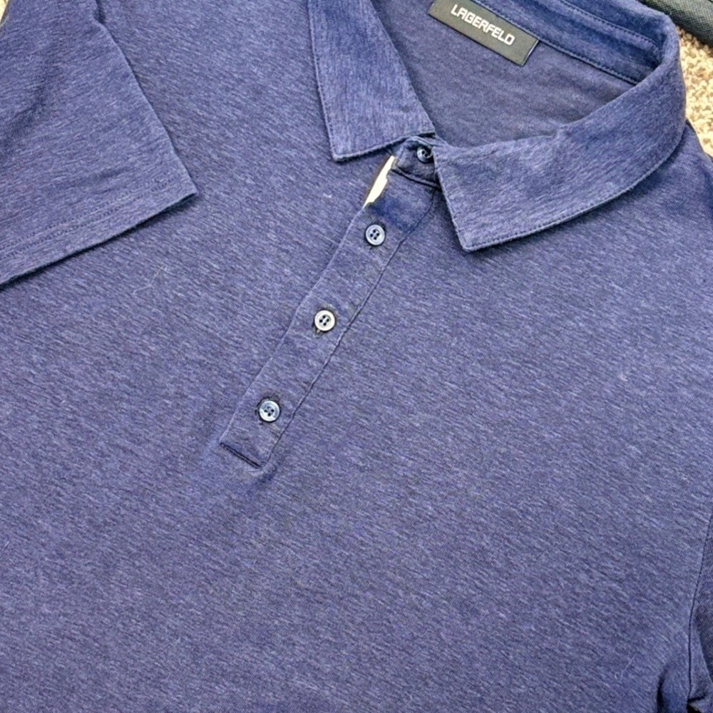 Lagerfeld Linen‎ Polo Shirt Men L Blue Logo Placket Short Sleeve Knit Tee Preppy